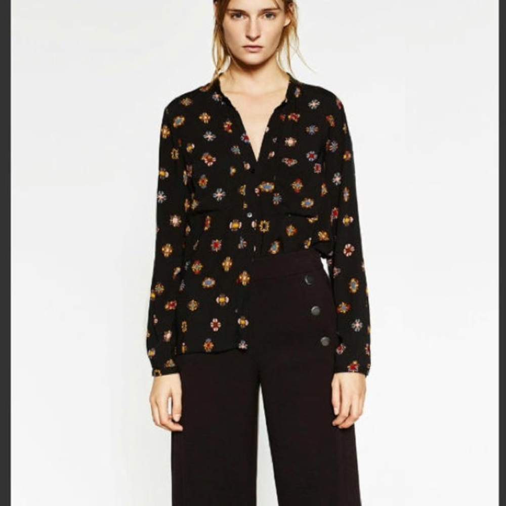 ZARA Basic Jewel Print Button Down Top Black Size M (Fits S) - Picture 2 of 7